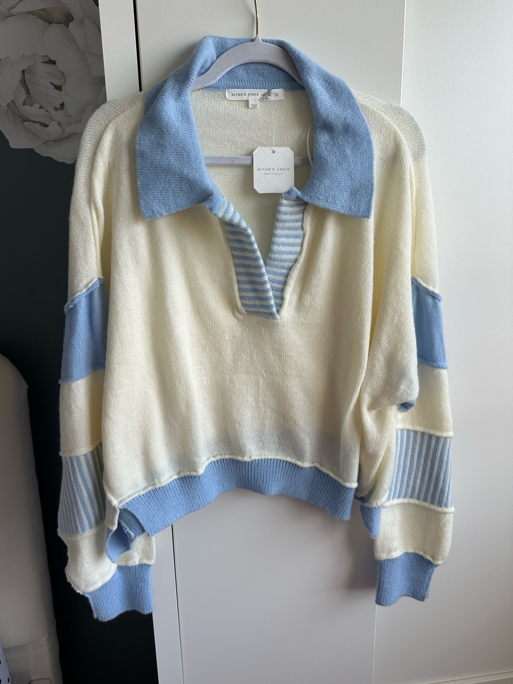 Altar'd State Cream & Light Blue Collared Knit Pullover